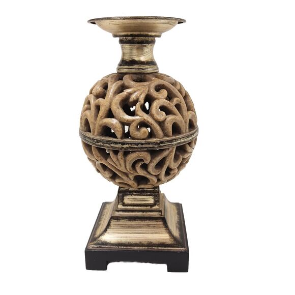 Ornate Candle Holder 12" Art Deco Faux Alabaster Cut Out Globe Morrocan Boho VNT - Picture 7 of 10